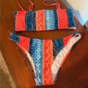 SHEIN Coral & Blue Patterned Bandeau Bikini Set